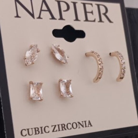 NAPIER 3pc SET Mod/Contemporary Gold Clear CZ Studs + Half Hoop Earrings**NEW! - Picture 2 of 2